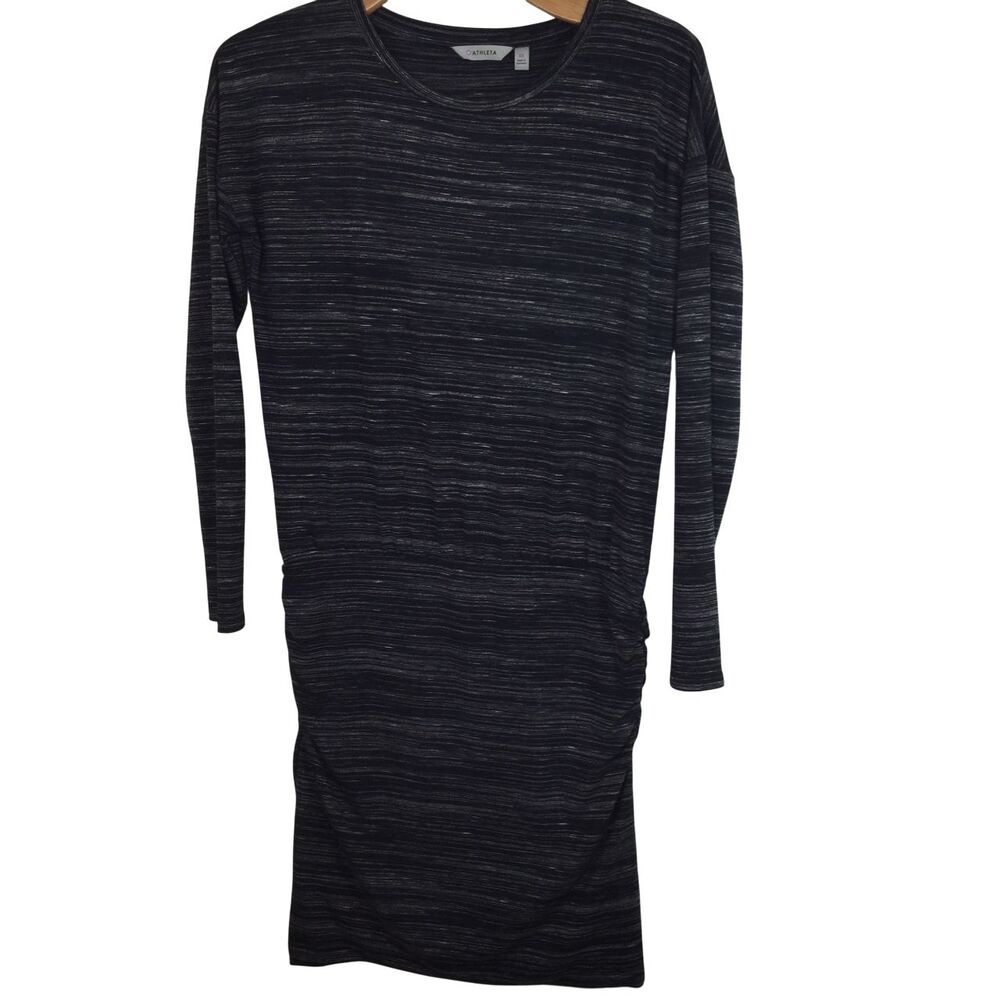 Athleta Womens Avenues Space Dye Marled Long Sleeve Ruched Side Dress Black Gray